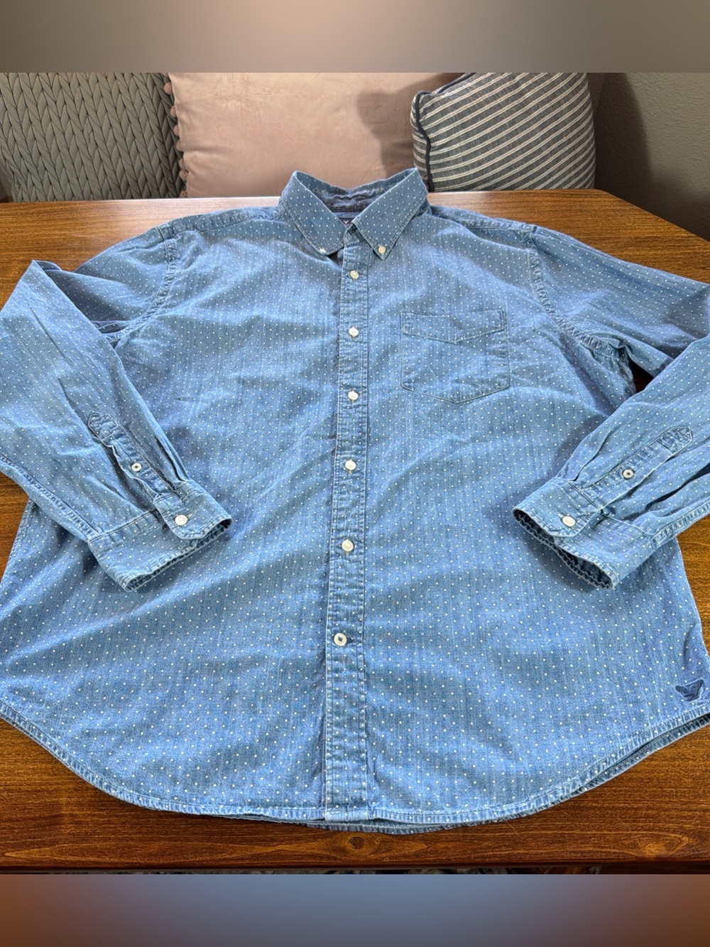 American Eagle Outfitters Light Blue Button-Down with Micro Dot Print